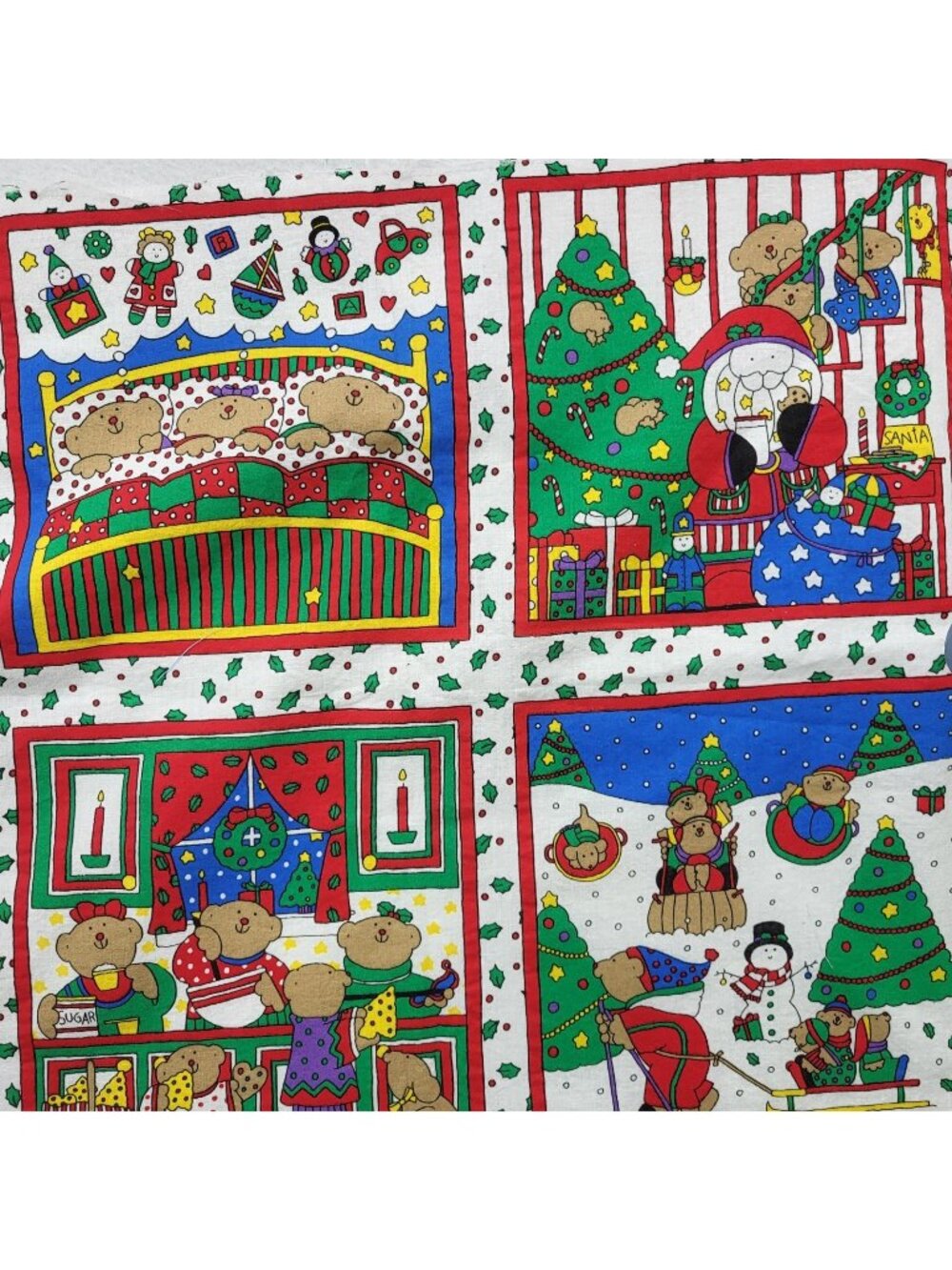 Vintage Santa Teddy bear Christmas Fabric block panel